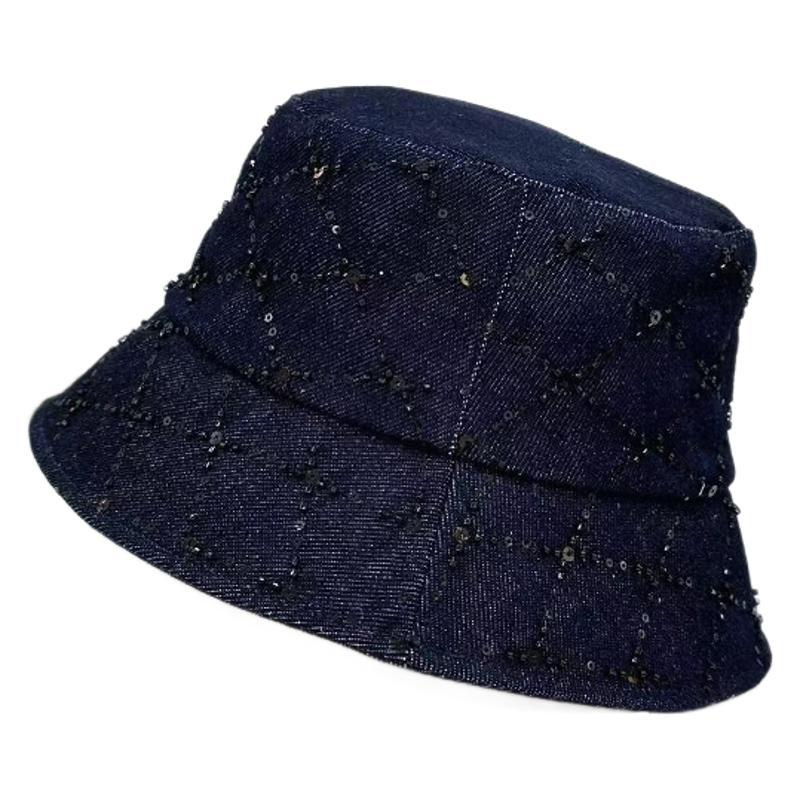 Wholesale High-Quality Plaid Sequin Beaded Denim Fashion Versatile Fisherman Hat Women's High-End Sunshade Counter New