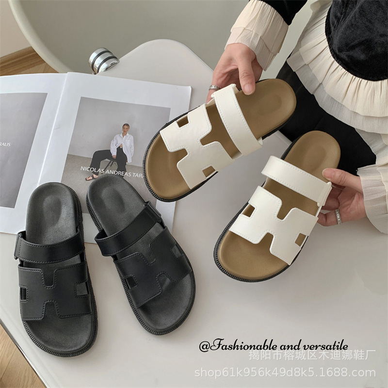 Thick-Soled 2025 Sandals New Summer High-End Internet Celebrity Super Popular Beach Shoes Outer Wear One-Line H-Shaped Sandals for Women