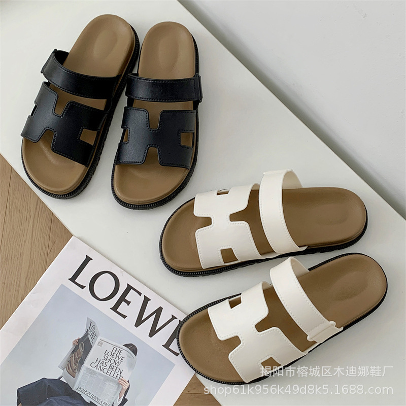 Thick-Soled 2025 Sandals New Summer High-End Internet Celebrity Super Popular Beach Shoes Outer Wear One-Line H-Shaped Sandals for Women