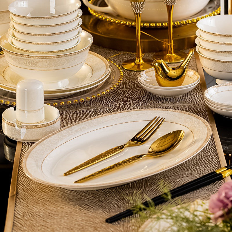 Ceramic Dishes Set Household Wholesale Jingdezhen Bone China Tableware Set Bowl Chopsticks Spoon Plate Combination Full Set Gift