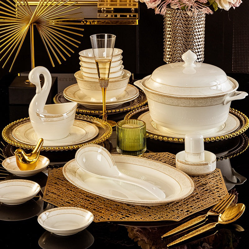 Ceramic Dishes Set Household Wholesale Jingdezhen Bone China Tableware Set Bowl Chopsticks Spoon Plate Combination Full Set Gift