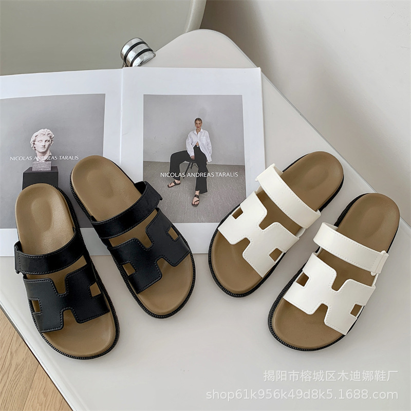 Thick-Soled 2025 Sandals New Summer High-End Internet Celebrity Super Popular Beach Shoes Outer Wear One-Line H-Shaped Sandals for Women
